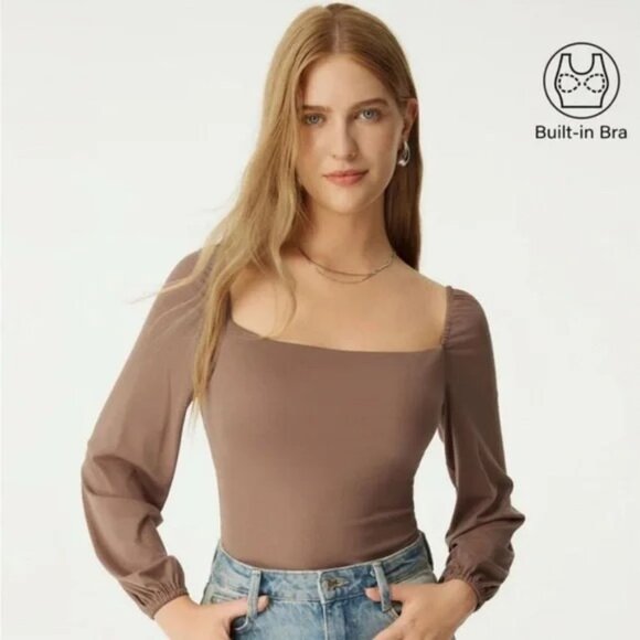 OGL MOVE Light Thermal Tencel Square Puff Sleeves Brami Top Forest Olive Green S - Picture 2 of 10